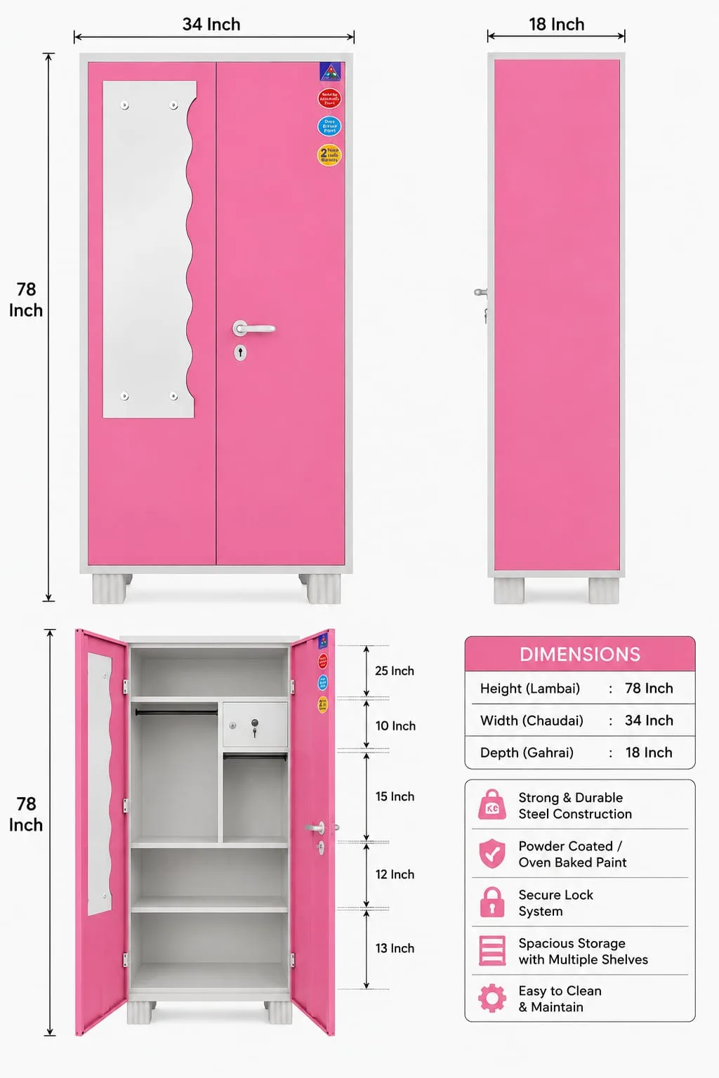Steel Mirror Wardrobe [Pink]